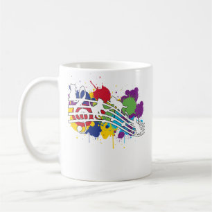 Taza De Café Gato Colorido Tocando Hojas de Notas Musicales Mús