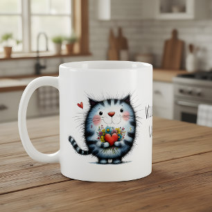 Taza De Café Gato con Corazón, Flores ¿Serás mi San Valentín?