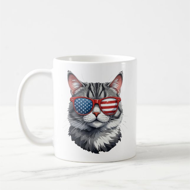 Taza De Café Gato con gafas de sol Bandera estadounidense 4 de  (Izquierda)