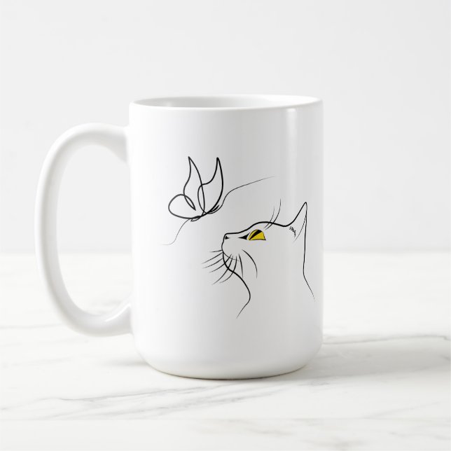 Taza De Café Gato Con Mariposa Resumen Lineal Mínimo (Izquierda)