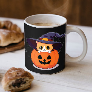 Taza De Café Gato con sombrero de bruja en Jack-O-Lantern de Ha