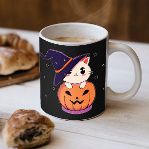 Taza De Café Gato con sombrero de bruja en Jack-O-Lantern de Ha