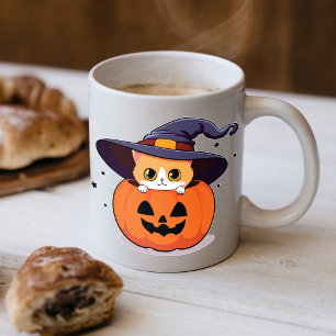 Taza De Café Gato con sombrero de bruja en Jack-O-Lantern de Ha
