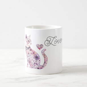 Taza De Café Gato Corazón Amor Flores Rubor Rosa Purpura