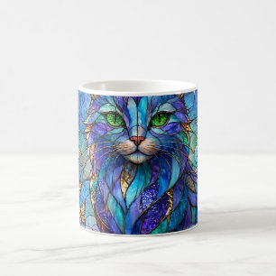 Taza De Café Gato Cósmico Vidrio Emplomado Surrealista Ojos Ver