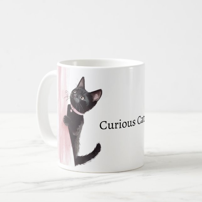 Taza De Café Gato Curioso Cortina Rosa (Anverso izquierdo)