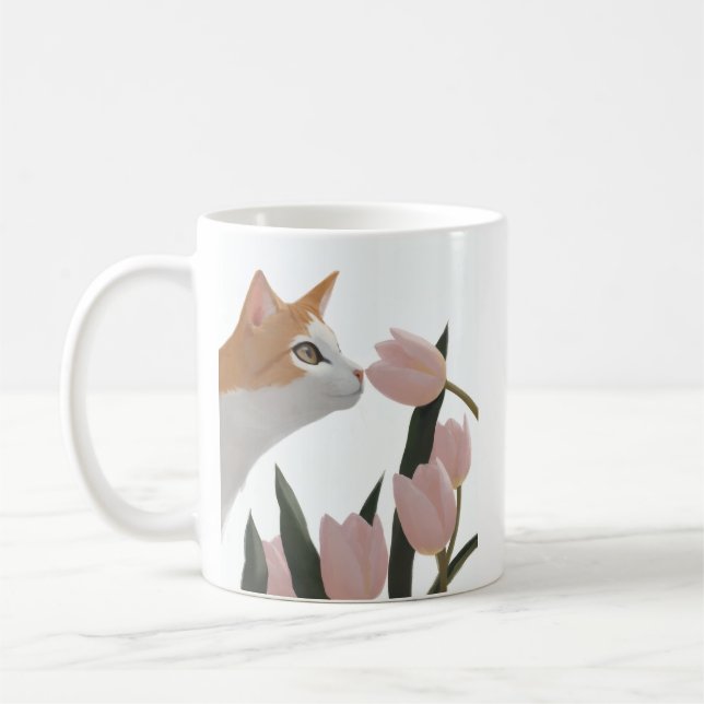 Taza De Café Gato Curioso Floral de Primavera (Izquierda)