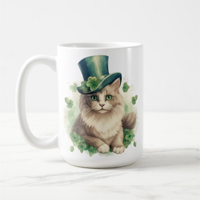 TAZA DE CAFÉ GATO CUTE FLUFFY VESTIDO PARA EL DÍA ST PATRICKS (Izquierda)