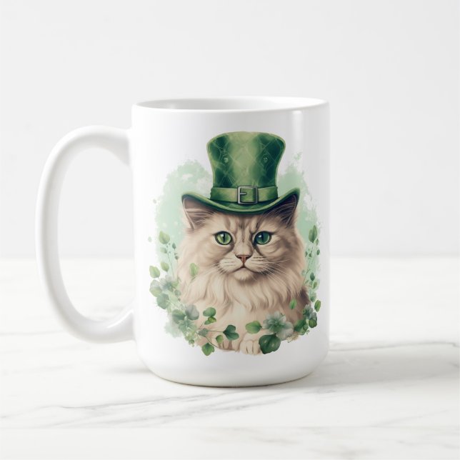 TAZA DE CAFÉ GATO CUTE FLUFFY VESTIDO PARA EL DÍA ST PATRICKS (Izquierda)