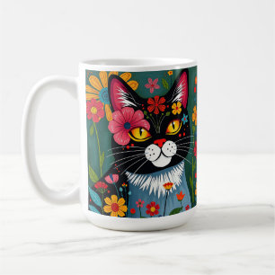 Taza De Café Gato de arte folclórico negro y blanco y flores ca