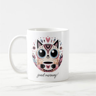 Taza De Café Gato de boho con corazón   Buenos días   Pastel