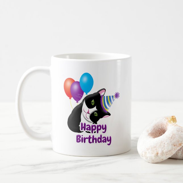 Taza De Café Gato de cumpleaños feliz (Con donut)