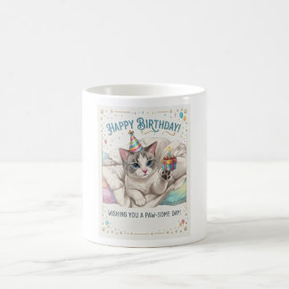 Taza De Café Gato de cumpleaños lindo con sombrero de fiesta y