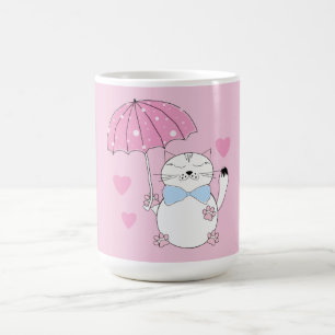 Taza De Café Gato de dibujos animados lindo con paraguas
