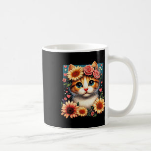 Taza De Café Gato De Flor Retro Amor Arte Gatito Con Anim De Fl