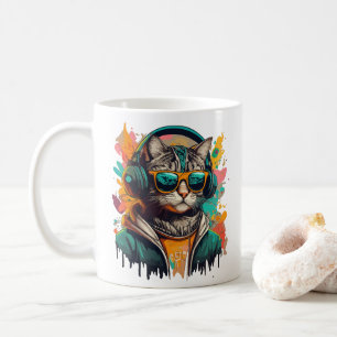 Taza De Café Gato de Guay Groovy con audífonos escuchando músic