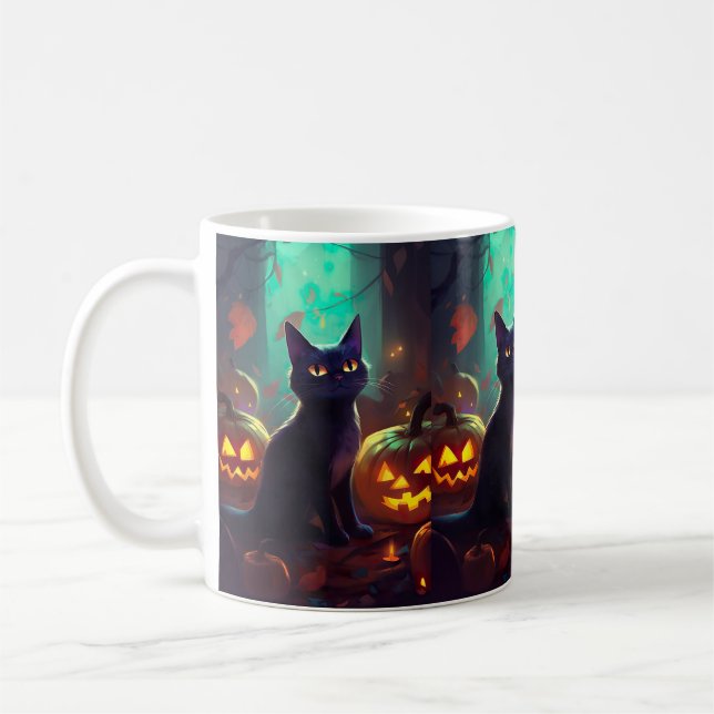 Taza De Café Gato de Halloween Tuxedo con calabazas aterradoras (Izquierda)