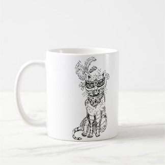 Taza De Café Gato de máscara de Halloween arte de línea negra