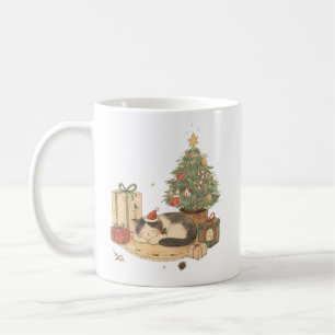 Taza De Café Gato de Navidad acogedor con regalos y árbol de Na