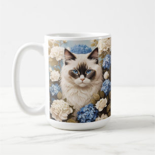 Taza De Café Gato De Ragdoll Con Flores De Hidrangea Azul