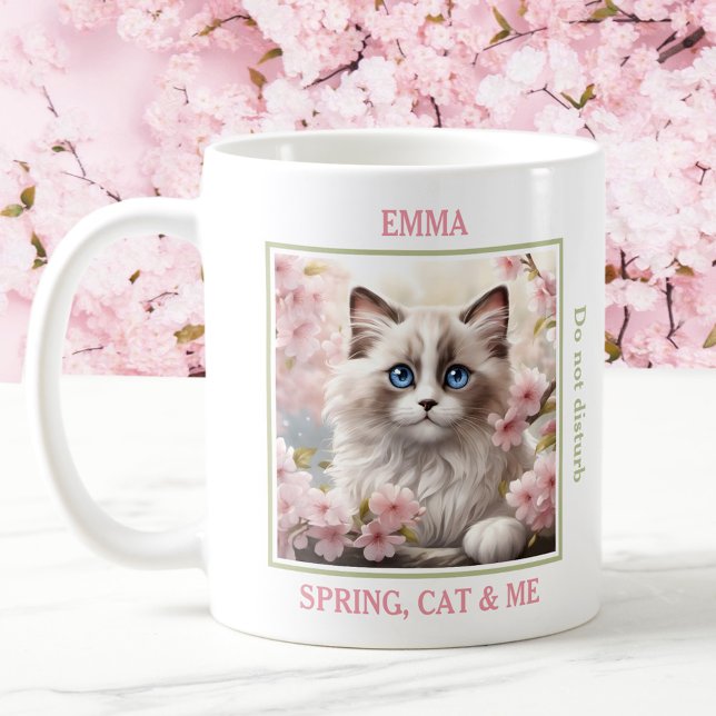 Taza De Café Gato de Ragdoll lindo Sakura rosado Nombre de aman (Cute Ragdoll Cat Pink Sakura Cat Lover Name Spring Coffee Mug)