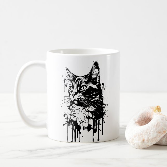 Taza De Café Gato de salpicadura en blanco y negro (Con donut)