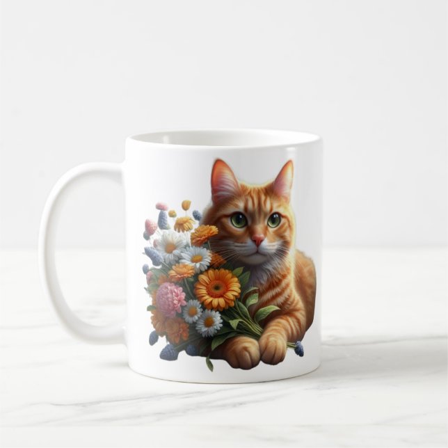 Taza De Café Gato de Tabby con ramo de flores (Izquierda)