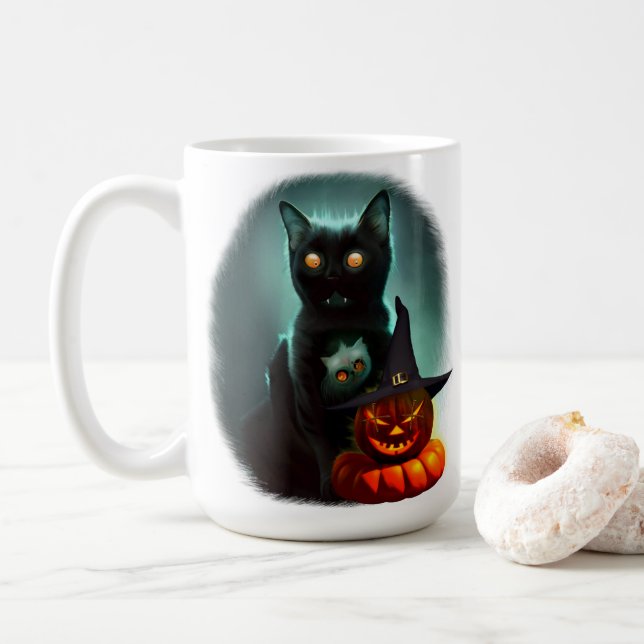 Taza De Café Gato de vampiros y mago calabaza Halloween Surreal (Con donut)