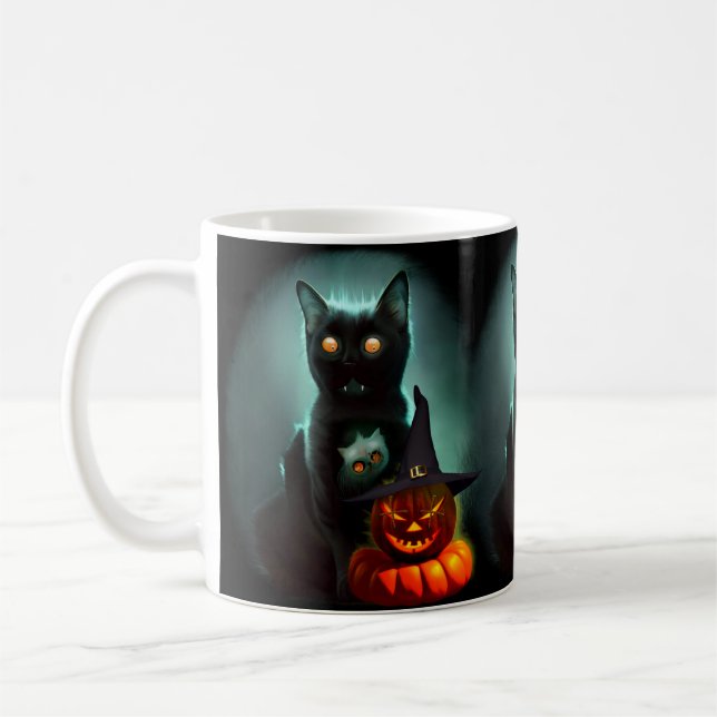 Taza De Café Gato de vampiros y mago calabaza Halloween Surreal (Izquierda)