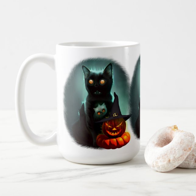 Taza De Café Gato de vampiros y mago calabaza Halloween Surreal (Con donut)