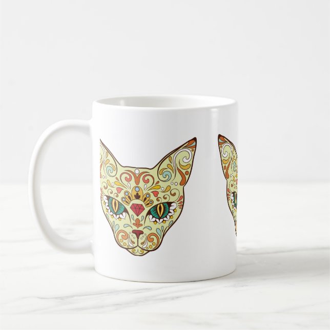 Taza De Café Gato del cráneo del azúcar - diseño del tatuaje (Izquierda)