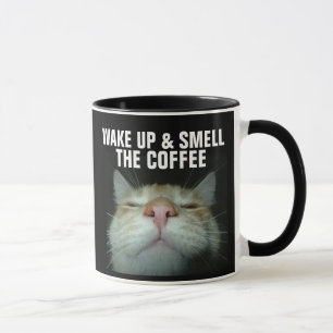 TAZA DE CAFÉ GATO DIVERTIDO, DESPIERTA Y HUELE EL