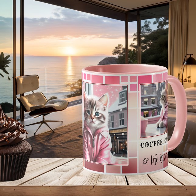 Taza De Café Gato divertido dulce rosa (Funny cat mug featuring your photos (optional) framed by a checkered design in sweet pink )