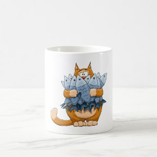 Taza De Café Gato Divertido Sosteniendo Pescado Dibujo Animado 