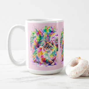 Taza De Café Gato Esponjoso Acuarela Caprichosa Arcoíris en Inv