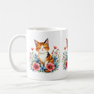 Taza De Café Gato floral Cottagecore Felino sereno Botánico