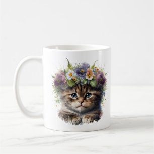 Taza De Café Gato floral cutáneo acuarela
