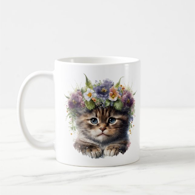 Taza De Café Gato floral cutáneo acuarela (Izquierda)