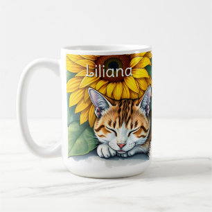 Taza De Café Gato Gatito Dulce Dormilón y Girasoles Personaliza