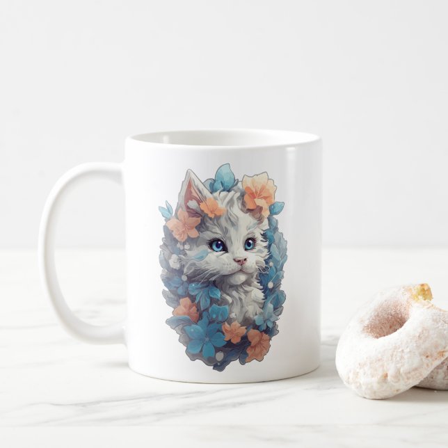 Taza De Café Gato gatito floral blanco lindo (Con donut)