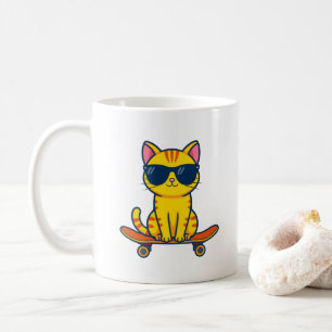 Taza De Café Gato genial de monopatín con gafas de sol Cartoon
