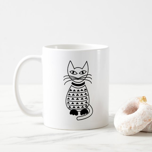 Taza De Café Gato geométrico negro y blanco (Con donut)