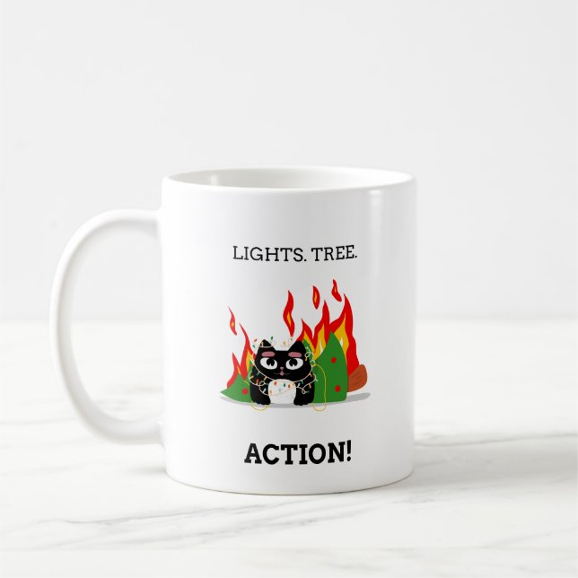 Taza De Café Gato gracioso - Luces. Árbol. ¡Acción! Navidad (Izquierda)