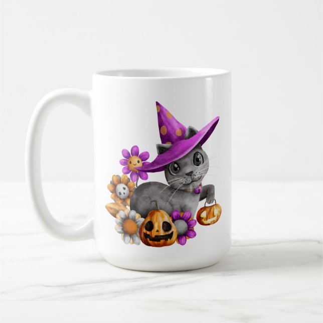 TAZA DE CAFÉ GATO GRAY HALLOWEEN ADORABLE CON BAÑOS DE FLORES (Izquierda)