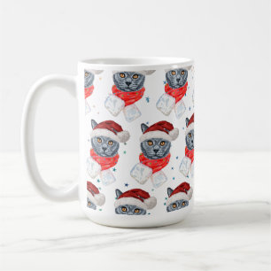 Taza De Café Gato Gris Adorable Acuarela con Bufanda