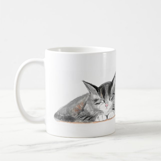 Taza De Café Gato gris Bonito mascota gatito acuarela Hermosa (Izquierda)