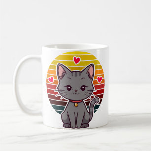 Taza De Café Gato Gris Kawaii Arte Retro Anime Atardecer