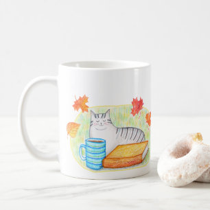 Taza De Café Gato gris otoñal con amante del libro y el café