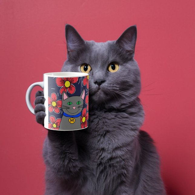 Taza De Café gato gris personalizado con flores personaliza el  (Subido por el creador)