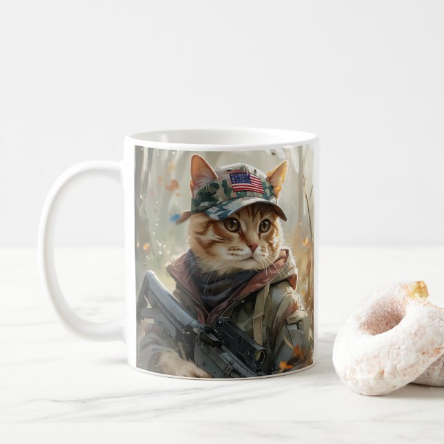 Taza De Café Gato Guay MAGA con arma y camuflaje AMERICA (Con donut)